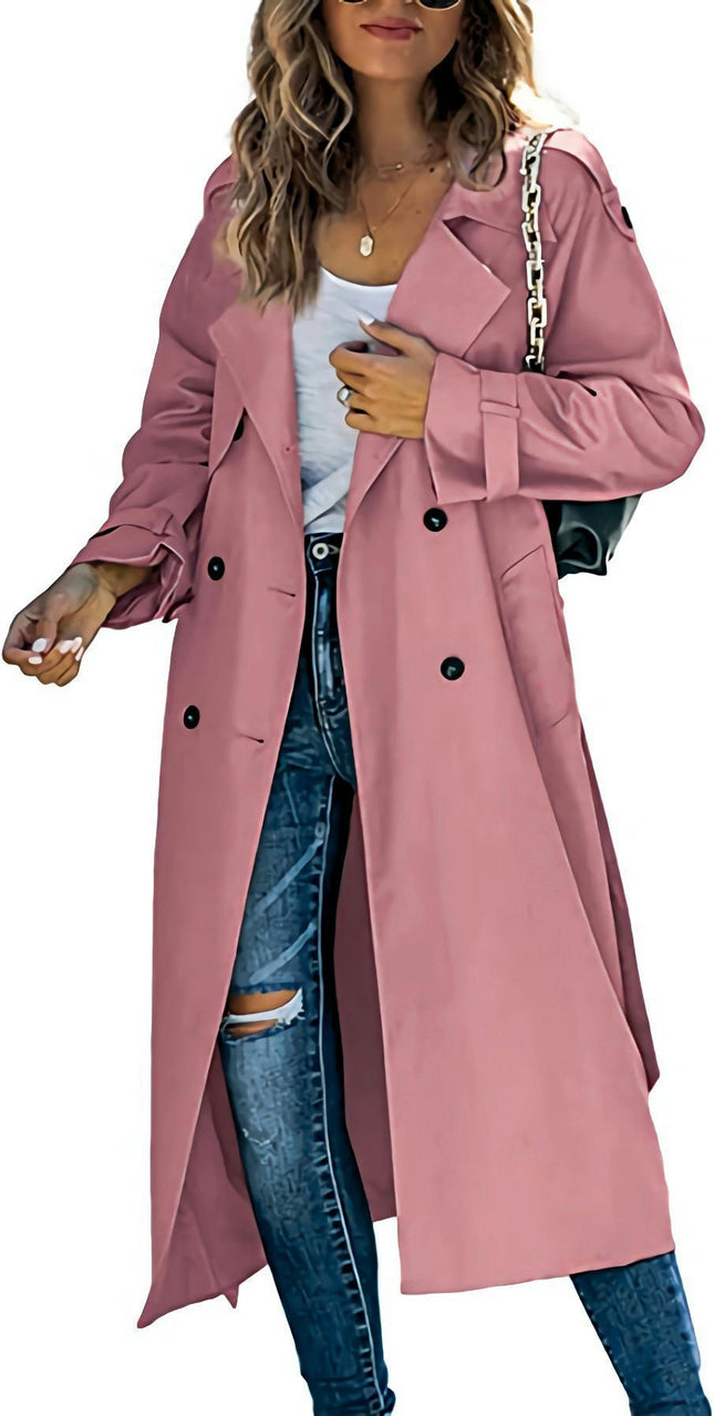 Womens Oversized Long Trench Coat Double Breasted Lapel Windproof Overcoat