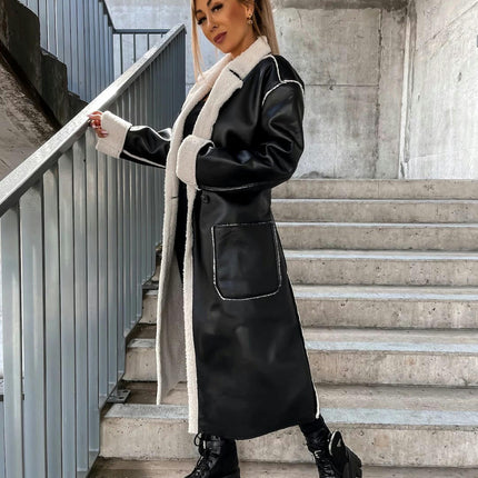 Women's Faux Shearing Long Jacket-Lined Winter Faux Leather Coat Outerwear with Belt