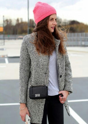 Women's Notch Lapel One Button Pea Coat Winter Houndstooth Coat Long Jacket