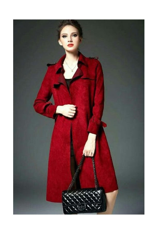 Women's Suede Trench Coat - Mid-Length Fashion Slim Fit Trench Coat with Belt