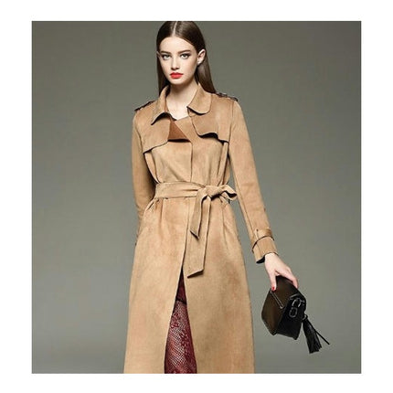 Women's Suede Trench Coat - Mid-Length Fashion Slim Fit Trench Coat with Belt
