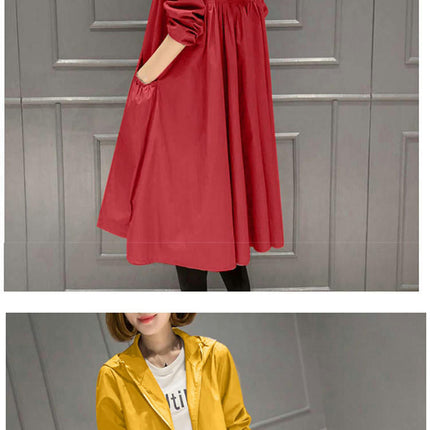 Women's Hooded Mid-Length Jacket - Thin Loose Solid Color Zipper Windbreaker