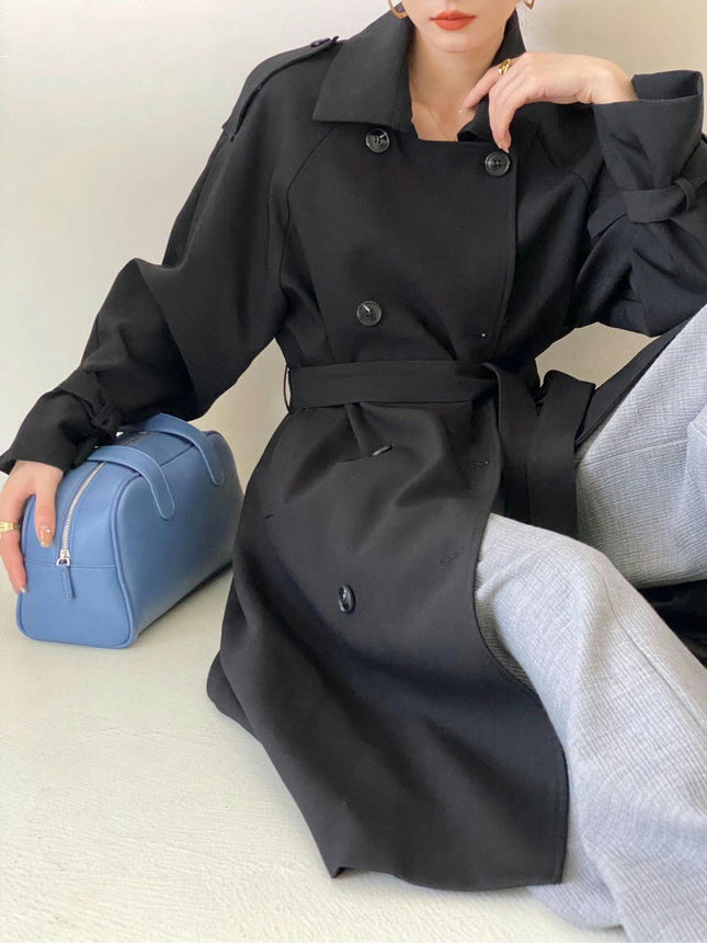 Women's Double Breasted Long Trench Coat Windproof  Classic Lapel Slim Overcoat with Belt