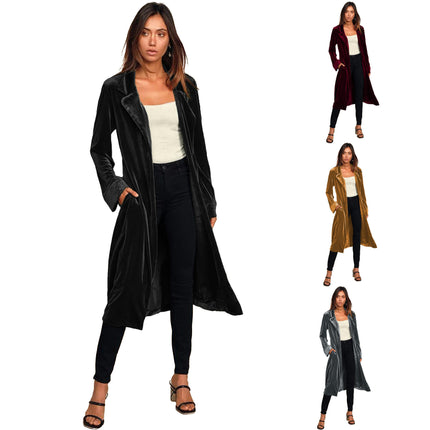 Women's Autumn Casual Jacket Coat - Gold Velvet Long Cardigan Windbreaker with Pockets