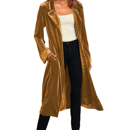 Women's Autumn Casual Jacket Coat - Gold Velvet Long Cardigan Windbreaker with Pockets