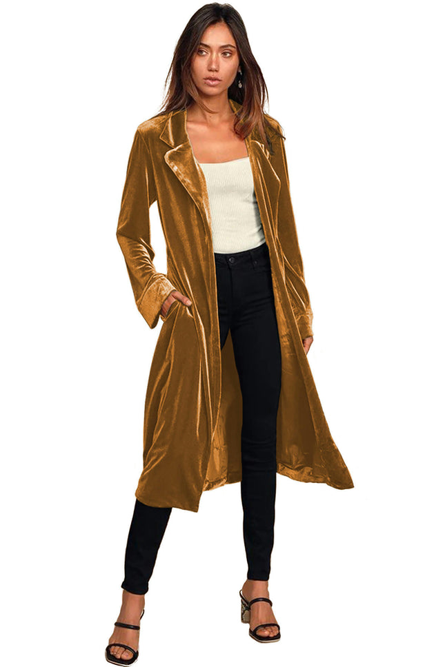 Women's Autumn Casual Jacket Coat - Gold Velvet Long Cardigan Windbreaker with Pockets