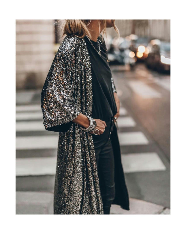 Women Sparkly Sequins Flared 3/4 Sleeve Open Front Coat Glittery Cardigan Party Bar Clubwear