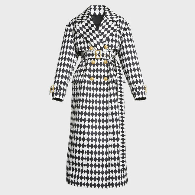 Women's Double Breasted Trench Coat - Black and White Diamond Check Extended Trench Coat with Belt