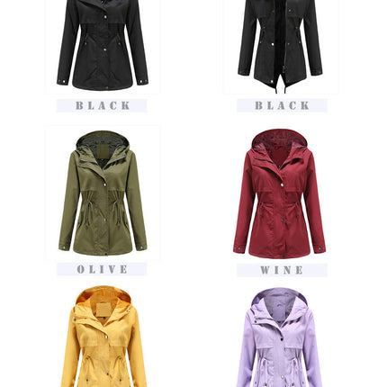 Women's Midi Jacket - Lightweight Waist Drawstring Hooded Zipper Windbreaker