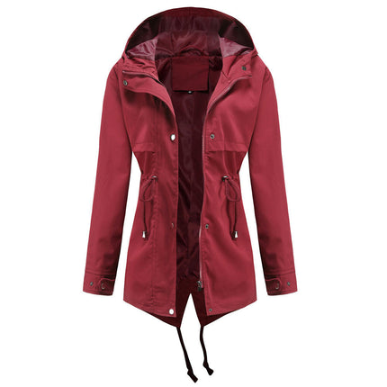 Women's Midi Jacket - Lightweight Waist Drawstring Hooded Zipper Windbreaker