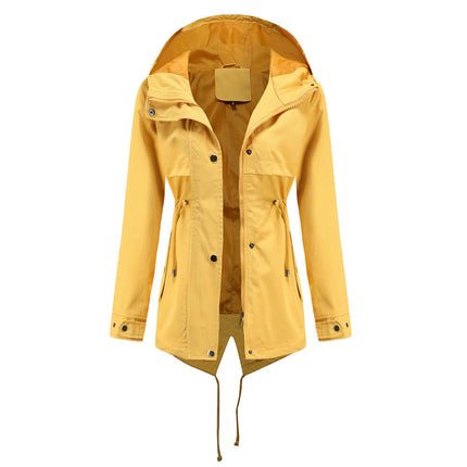 Women's Midi Jacket - Lightweight Waist Drawstring Hooded Zipper Windbreaker