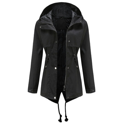 Women's Midi Jacket - Lightweight Waist Drawstring Hooded Zipper Windbreaker