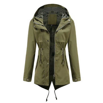 Women's Midi Jacket - Lightweight Waist Drawstring Hooded Zipper Windbreaker