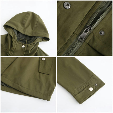 Women's Midi Jacket - Lightweight Waist Drawstring Hooded Zipper Windbreaker