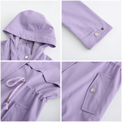 Women's Midi Jacket - Lightweight Waist Drawstring Hooded Zipper Windbreaker