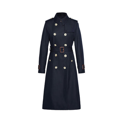Women's Double Breasted Long Windbreaker with Epaulettes and Belt British Windbreaker