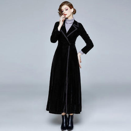 Women's Elegant Velvet One Button Maxi Trench Coat Pocket Party Overcoat