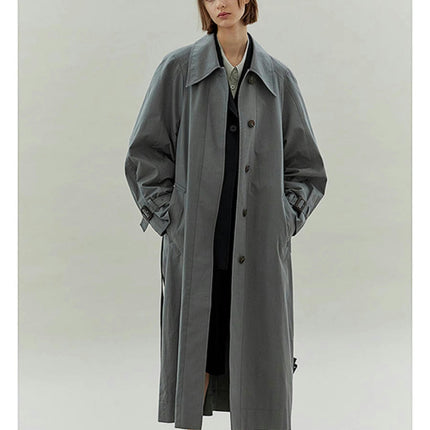 Long Korean Trench Coat Women's Loose Fit Long Sleeve Lapel Button-Down Jacket with Belt