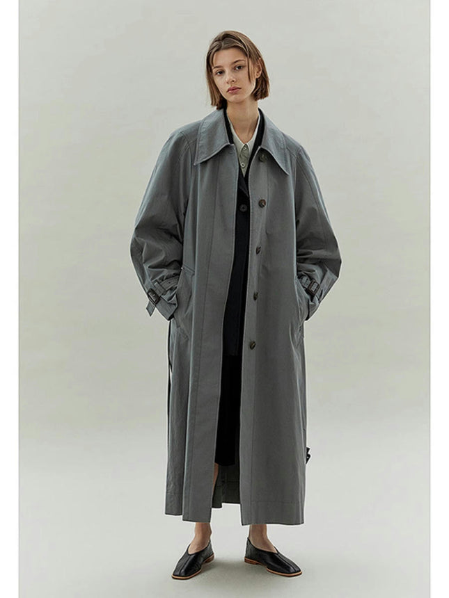 Long Korean Trench Coat Women's Loose Fit Long Sleeve Lapel Button-Down Jacket with Belt