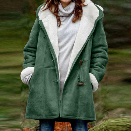 Women's Hooded Fleece Warm Horn Button Jacket Sherpa Wool Jacket