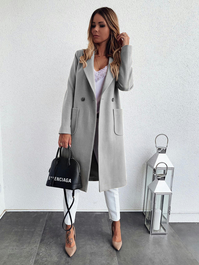 Autumn and Winter Solid Color Long Sleeve Double Pocket Suit Collar Woolen Coat Women