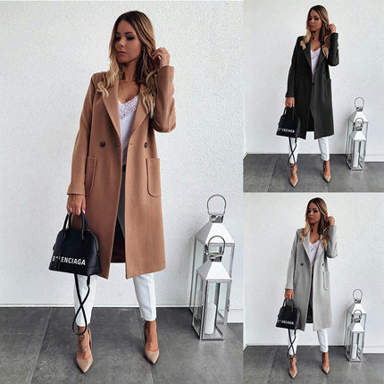 Autumn and Winter Solid Color Long Sleeve Double Pocket Suit Collar Woolen Coat Women