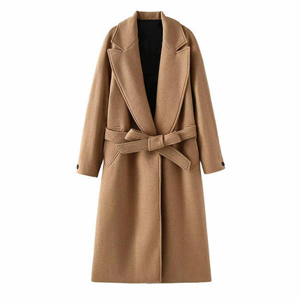 Women's Long Wool Pea Coat Winter Casual Coat Notch Lapel Belt Jacket Coat