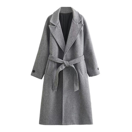 Women's Long Wool Pea Coat Winter Casual Coat Notch Lapel Belt Jacket Coat