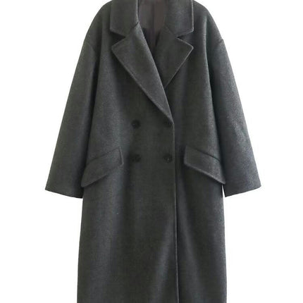 Women's Lapel Double Breasted Woolen Loose Trench Coat with Pockets