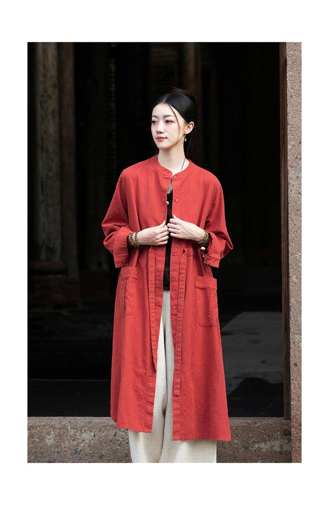 Cotton and Linen Women's Casual Long Cardigan Linen Drawstring Top Jacket