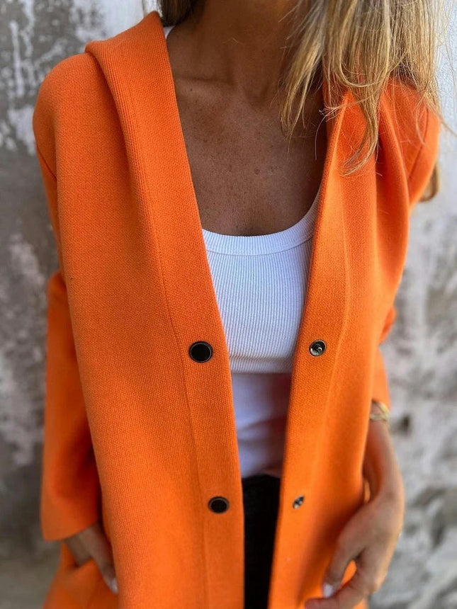 Autumn and Winter Women's Solid Color Casual Button Hooded Jacket Outerwear