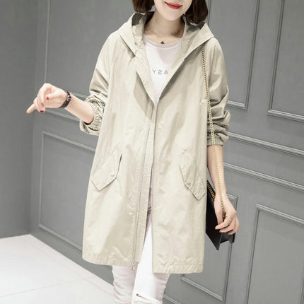 Women's Hooded Zipper Windbreaker Mid-Length Spring and Autumn Thin Casual Jacket