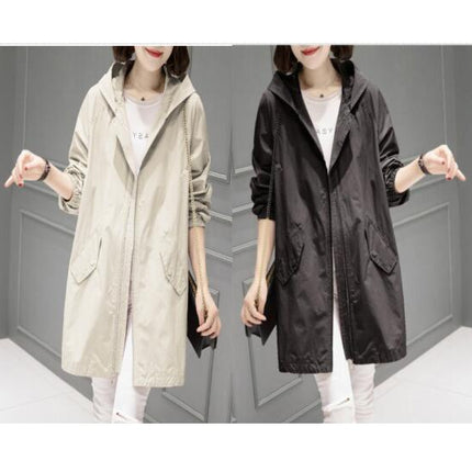 Women's Hooded Zipper Windbreaker Mid-Length Spring and Autumn Thin Casual Jacket