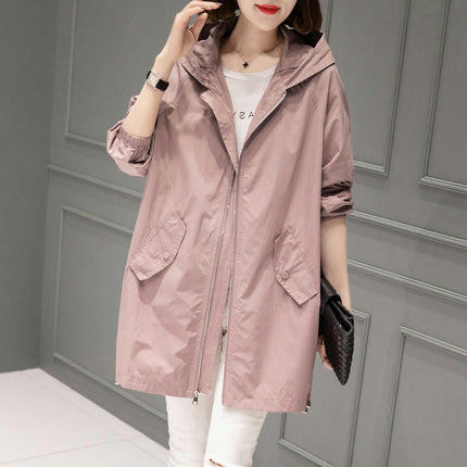 Women's Hooded Zipper Windbreaker Mid-Length Spring and Autumn Thin Casual Jacket