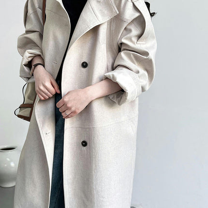 Women's Long Linen British Style Coat - Autumn Loose Stand Collar Button Coat