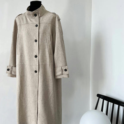 Women's Long Linen British Style Coat - Autumn Loose Stand Collar Button Coat