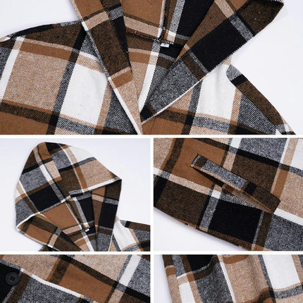 Women's Long Sleeve Plaid Casual Loose Jacket-Long Hooded Button Coat