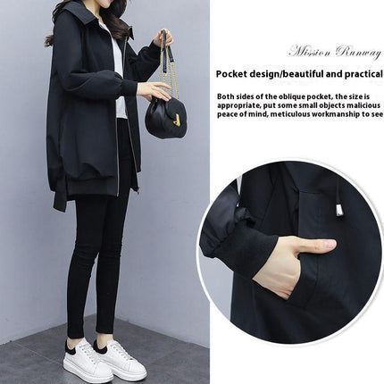 Spring and Autumn Loose Casual Hooded Trench Coat Women's Mid-Length Temperament Coat