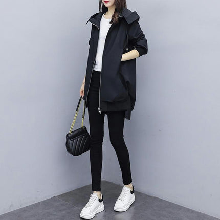 Spring and Autumn Loose Casual Hooded Trench Coat Women's Mid-Length Temperament Coat