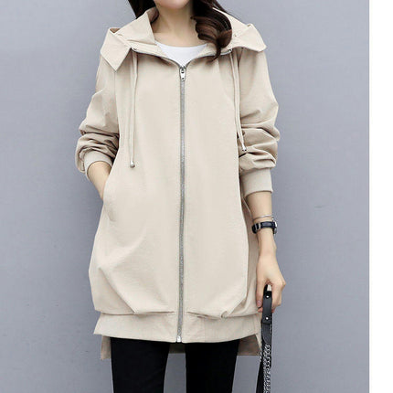 Spring and Autumn Loose Casual Hooded Trench Coat Women's Mid-Length Temperament Coat