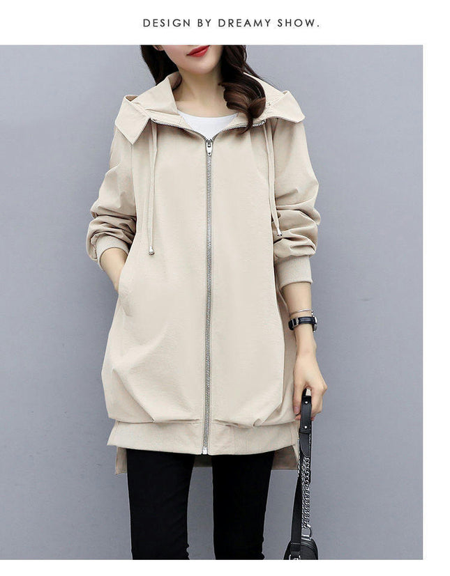 Spring and Autumn Loose Casual Hooded Trench Coat Women's Mid-Length Temperament Coat