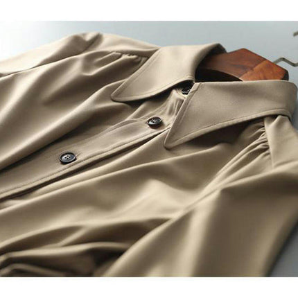 Mid-length Thin Windbreaker for Women-Spring and Autumn Lapel Button Jacket