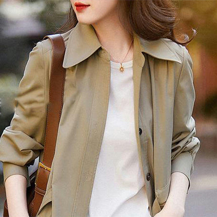 Mid-length Thin Windbreaker for Women-Spring and Autumn Lapel Button Jacket