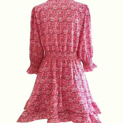 Charming Floral Print Ruffle Dress Casual V-Neck With Button Detail-Perfect For Womens
