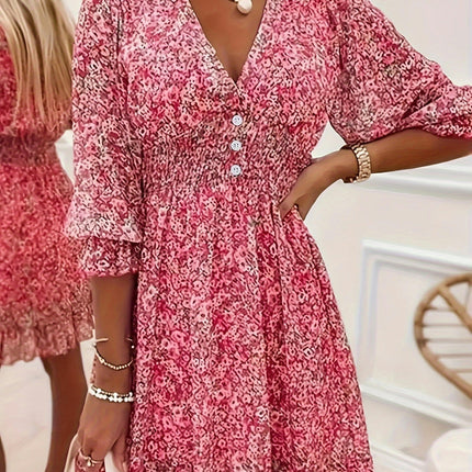 Charming Floral Print Ruffle Dress Casual V-Neck With Button Detail-Perfect For Womens