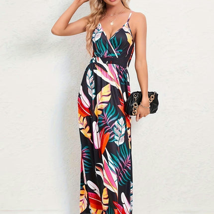 Tropical Print Wide Hem Slip Dress, Backless A-Line Long Dress, Idea for Vacation, Woman's Clothing