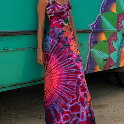 Women Summer Casual Long Dress Tie-Dye Print U-Neck Sleeveless Dress Cross Backless Dress