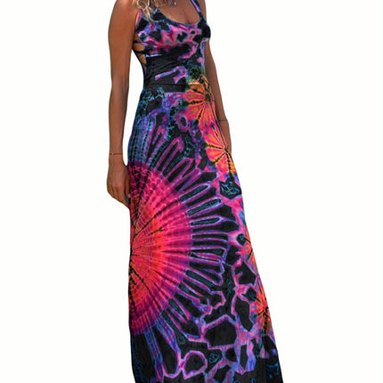 Women Summer Casual Long Dress Tie-Dye Print U-Neck Sleeveless Dress Cross Backless Dress