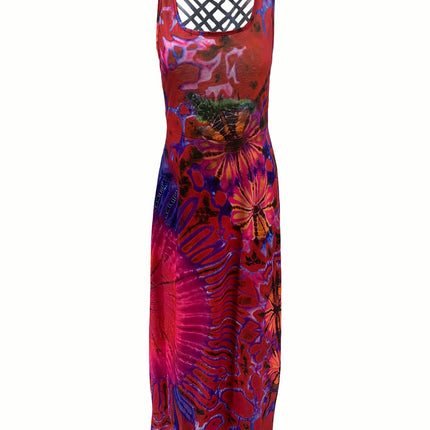 Women Summer Casual Long Dress Tie-Dye Print U-Neck Sleeveless Dress Cross Backless Dress