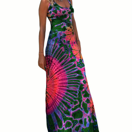 Women Summer Casual Long Dress Tie-Dye Print U-Neck Sleeveless Dress Cross Backless Dress